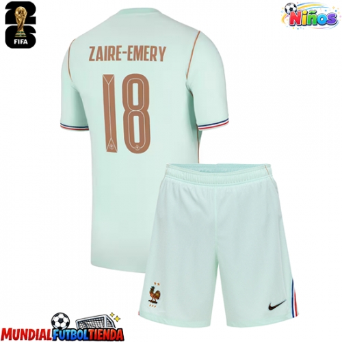 Camiseta Francia Warren Zaire-Emery #18 Segunda Equipación Replica Mundial 2026 para niños mangas cortas (+ Pantalones cortos)